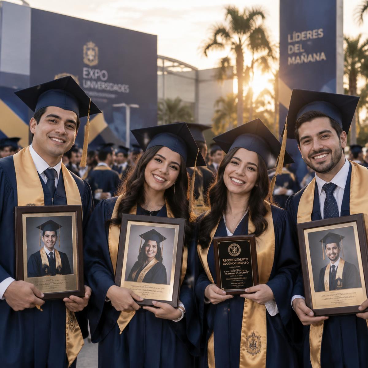 Graduados sosteniendo sus cuadros y reconocimientos